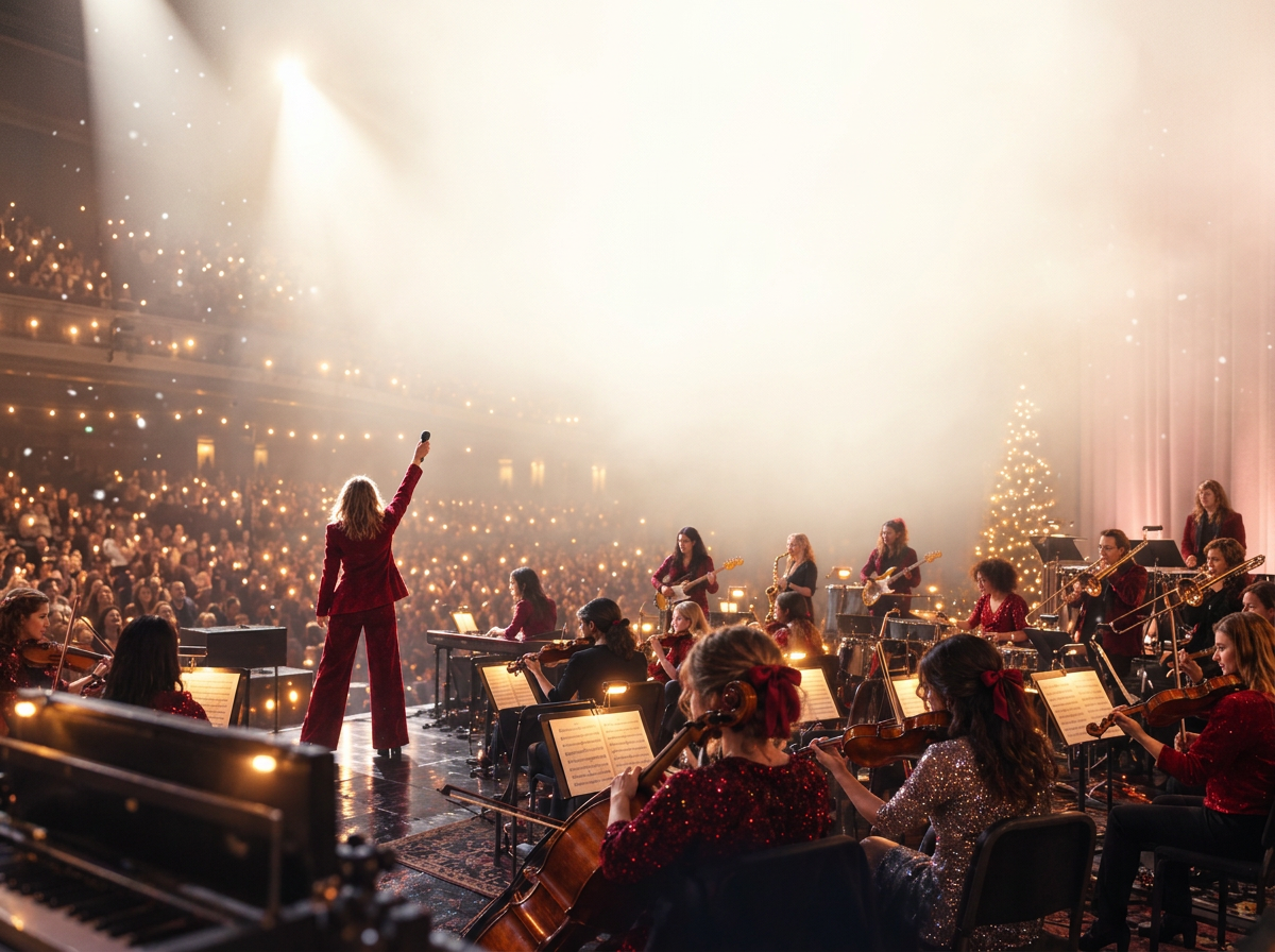 A host in a red suit leads a festive orchestra and a glowing audience